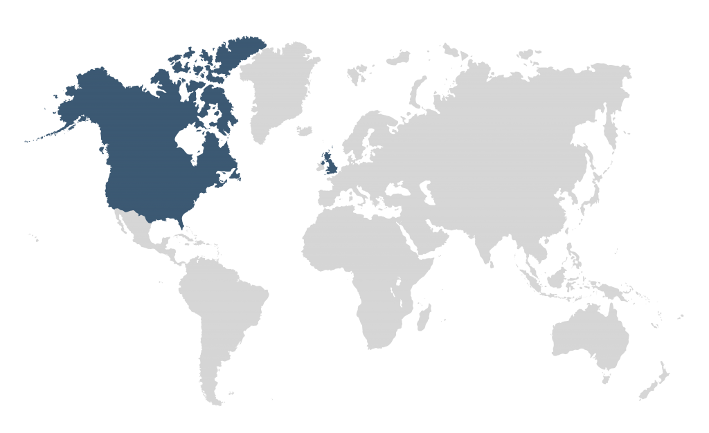 World Map with USA, UK & Canada Highlighted